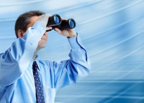 Businessman,With,Binocular.,Business,Blue,Background.