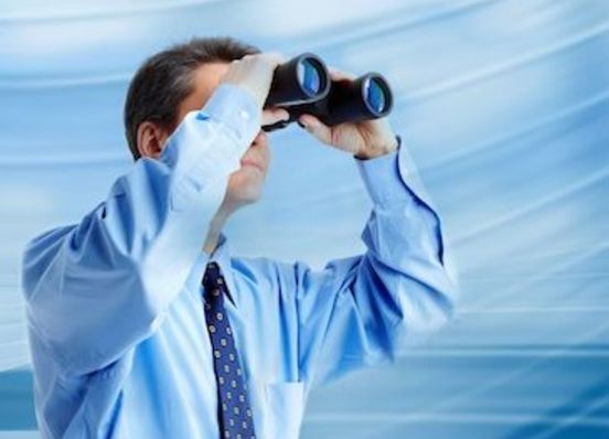 Businessman,With,Binocular.,Business,Blue,Background.